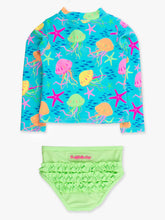 Load image into Gallery viewer, Girls Neon Jelly Time Long Sleeve Zipper Rash Guard 2-Piece Swimsuit with Signature Rear Ruffles