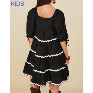 Girls Wavy Twill Trimmed Square Neck Dress