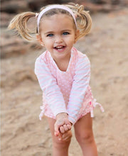 Load image into Gallery viewer, Baby Girls Pink Polka Dot Long Sleeve One Piece Rash Guard Swimsuit with Signature Rear Ruffles