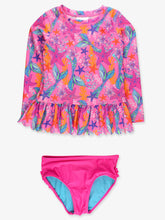Load image into Gallery viewer, Girls Neon Shimmer Mermaid Scallop Hem Long Sleeve Rash Guard 2-Piece Swimsuit with Signature Rear Ruffles