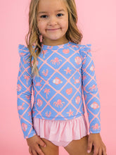 Load image into Gallery viewer, Girls Tropical Trellis Flutter Long Sleeve Rash Guard Skirted 2-Piece Swimsuit