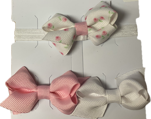 Three Grosgrain Hair Bows and One Add-A-Bow Band (Pink/White/White with Flowers)