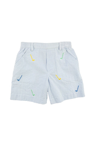 Check Seersucker Short With Embroidered Golf Clubs