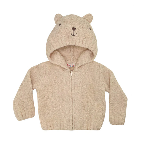Chenille Bear Hooded Zip Up Sweater- Beige
