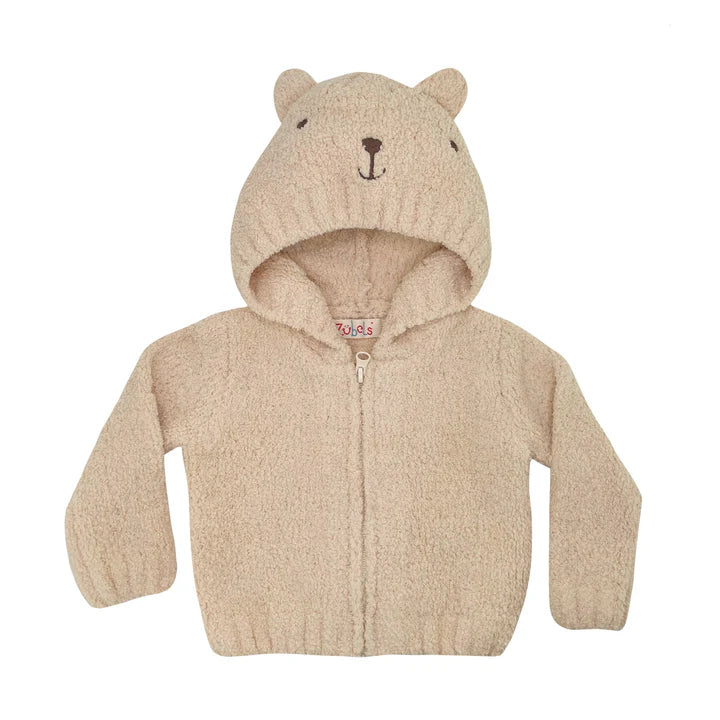 Chenille Bear Hooded Zip Up Sweater- Beige