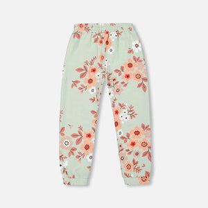 Frosty Green Printed Flowers French Terry Jogger with Pockets