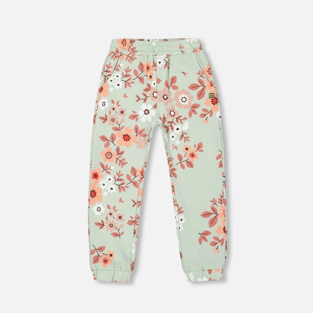 Frosty Green Printed Flowers French Terry Jogger with Pockets
