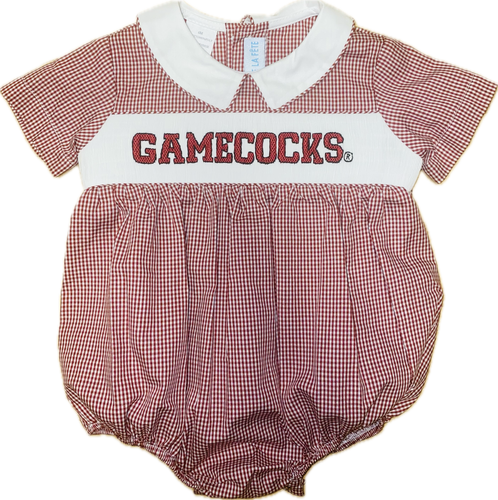 South Carolina Gamecock Smocked Maroon Gingham Short Sleeve Boy Bubble