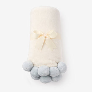 Pale Blue Pom Trim Fleece Baby Stroller Blanket