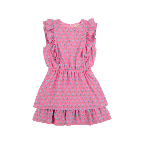 Emily Rives Ruffle Dress- Holly Hills Hand Block with Hamptons Hot Pink