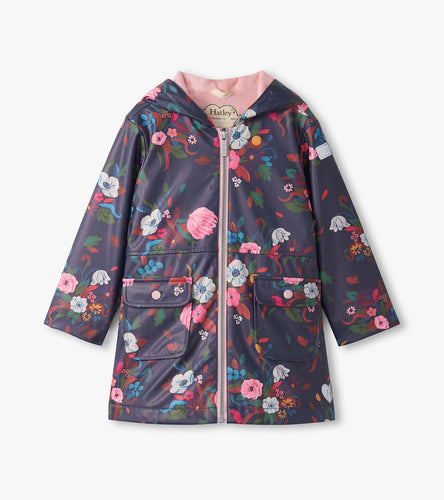 Navy Blue Fall Floral Zip-Up Rain Jacket