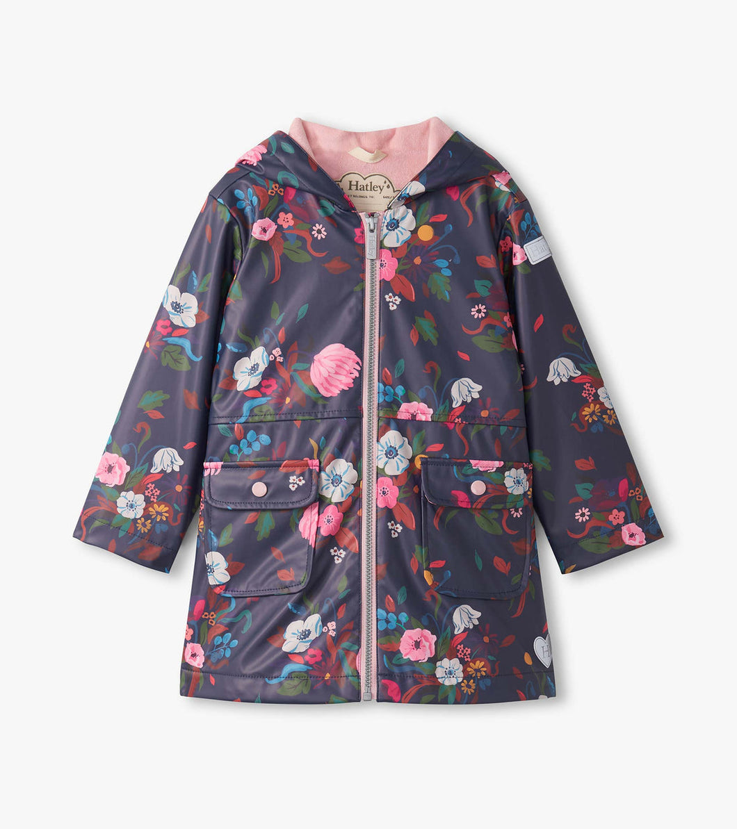 Navy Blue Fall Floral Zip-Up Rain Jacket