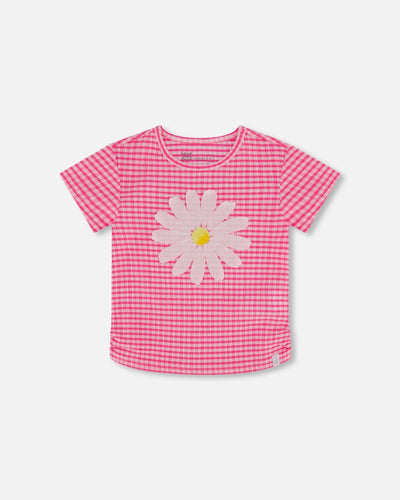 Crinkle Jersey Top With Flower Applique Vichy Pink