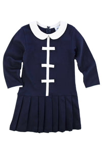 Navy Knit Dress with Pleated Skirt & Bows