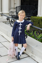 Load image into Gallery viewer, Navy Knit Dress with Pleated Skirt &amp; Bows