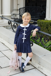 Navy Knit Dress with Pleated Skirt & Bows