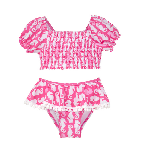 Gemma Two-Piece Smocked Pom-Pom Swimsuit-Happy Pink Seahorses