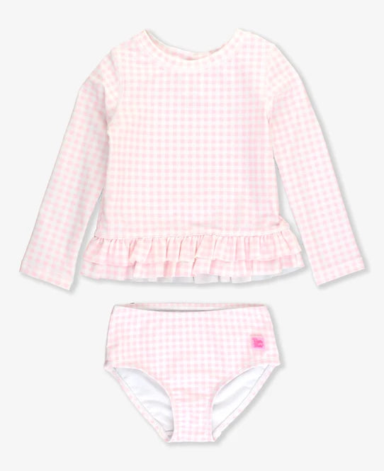 Pink Gingham Ruffle Hem Rash Guard 2-Piece