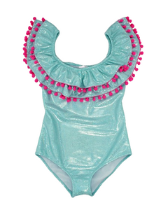 Sissi Aqua Glitter Pom Pom One Piece