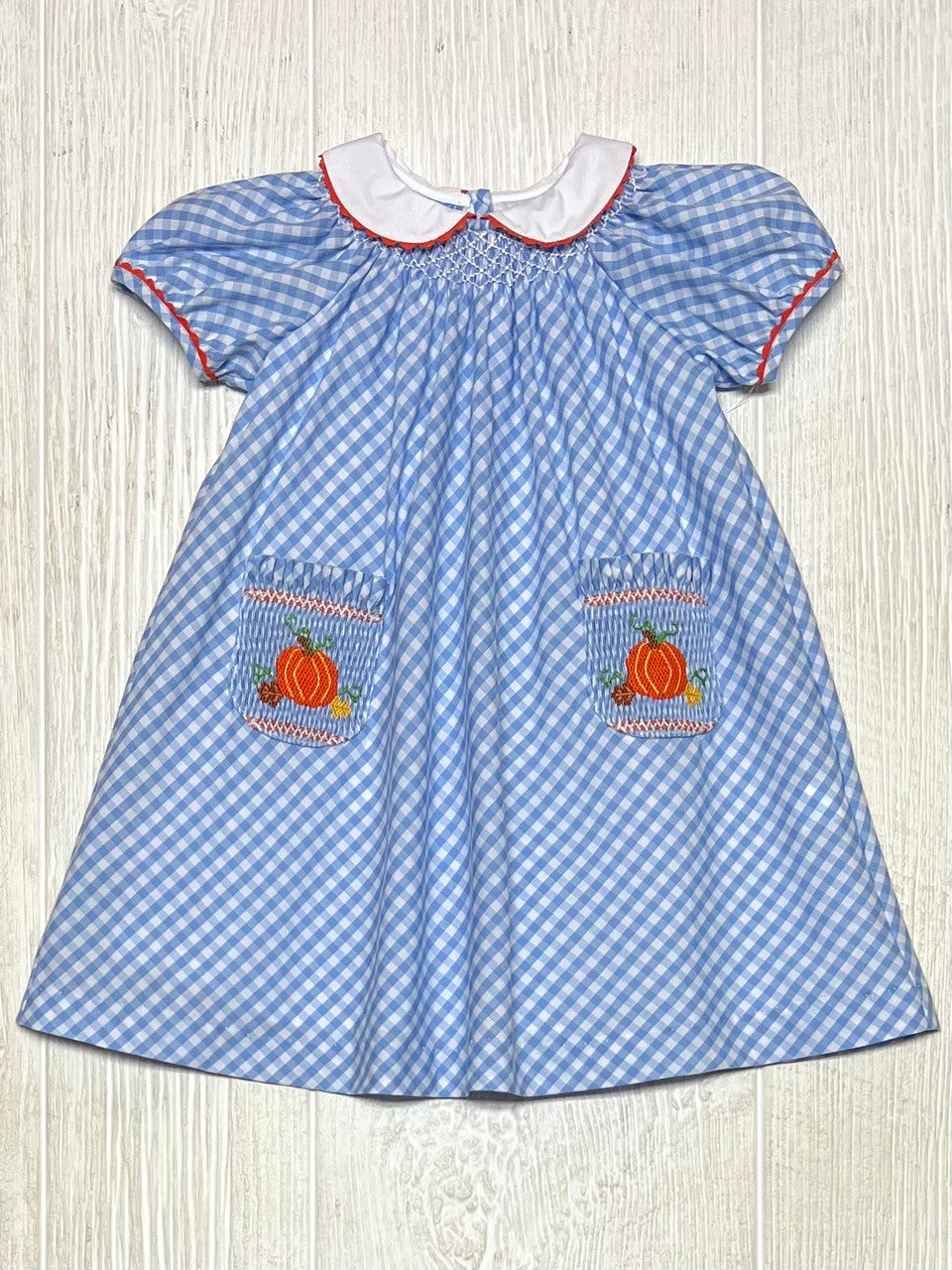 Blue Gingham Short Sleeve Dress with Pumpkin Smocked Pockets