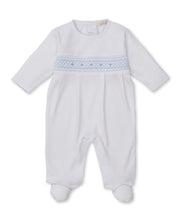 Load image into Gallery viewer, White &amp; Light Blue CLB Fall 25 Hand Smocked Footie