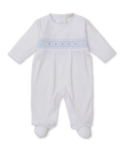White & Light Blue CLB Fall 25 Hand Smocked Footie