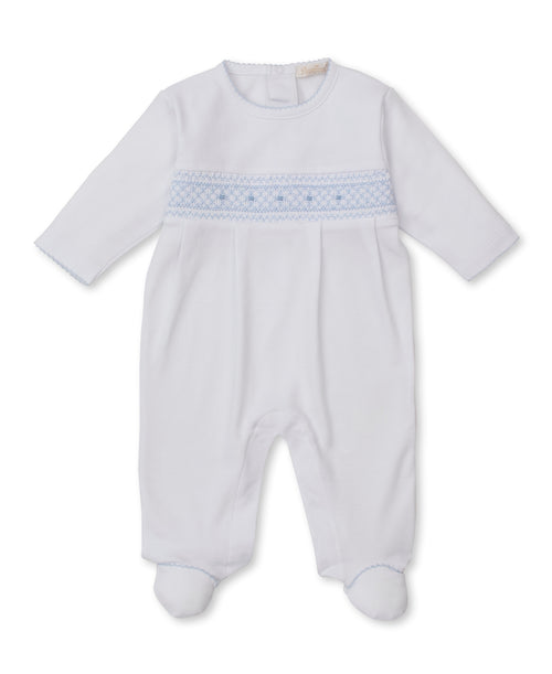 White & Light Blue CLB Fall 25 Hand Smocked Footie