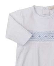 Load image into Gallery viewer, White &amp; Light Blue CLB Fall 25 Hand Smocked Footie