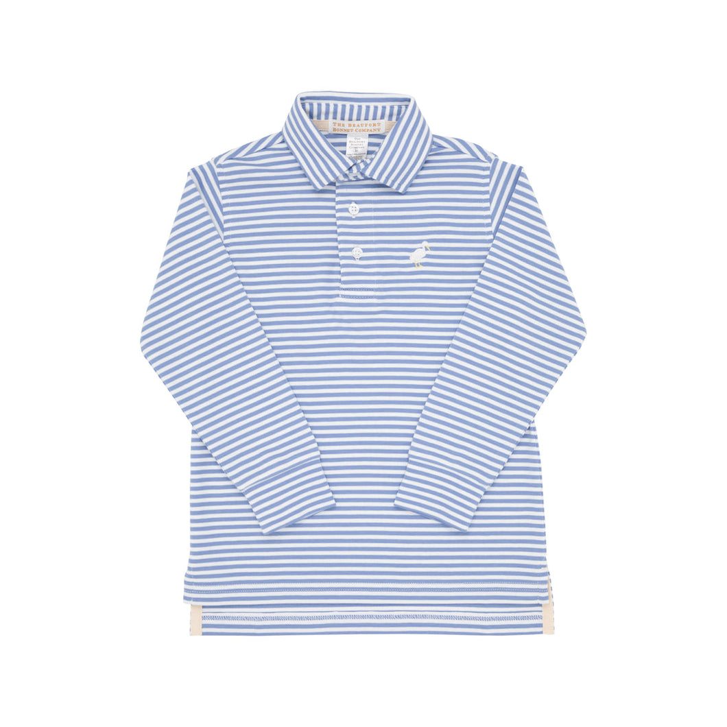 Prim & Proper Polo Long Sleeve Park City Periwinkle Stripe with Multicolor Stork