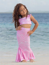 Load image into Gallery viewer, Pixie Scales Pink UPF 50+ 3 Piece Mermaid Swim Set w/ Ruffle Shoulder