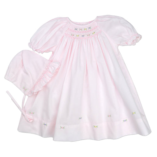 Pink Flowers Smocked Day Dress & Bonnet