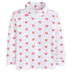 Printed White Turtleneck with Red Bows