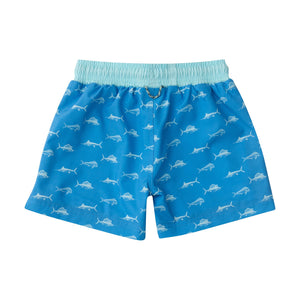 Fish Print on Marina Blue Boogie Board Swim Trunks