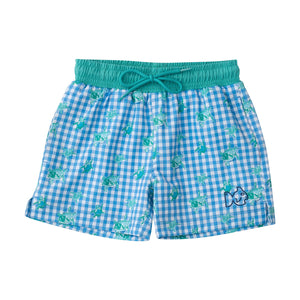 Marina Blue Gingham Turtle Print Boogie Board Swim Trunks