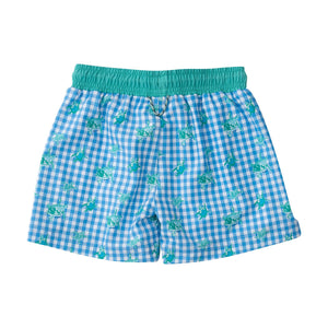Marina Blue Gingham Turtle Print Boogie Board Swim Trunks