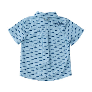 Fish Print on Clear Sky Blue Short Sleeve Fishing Shirt