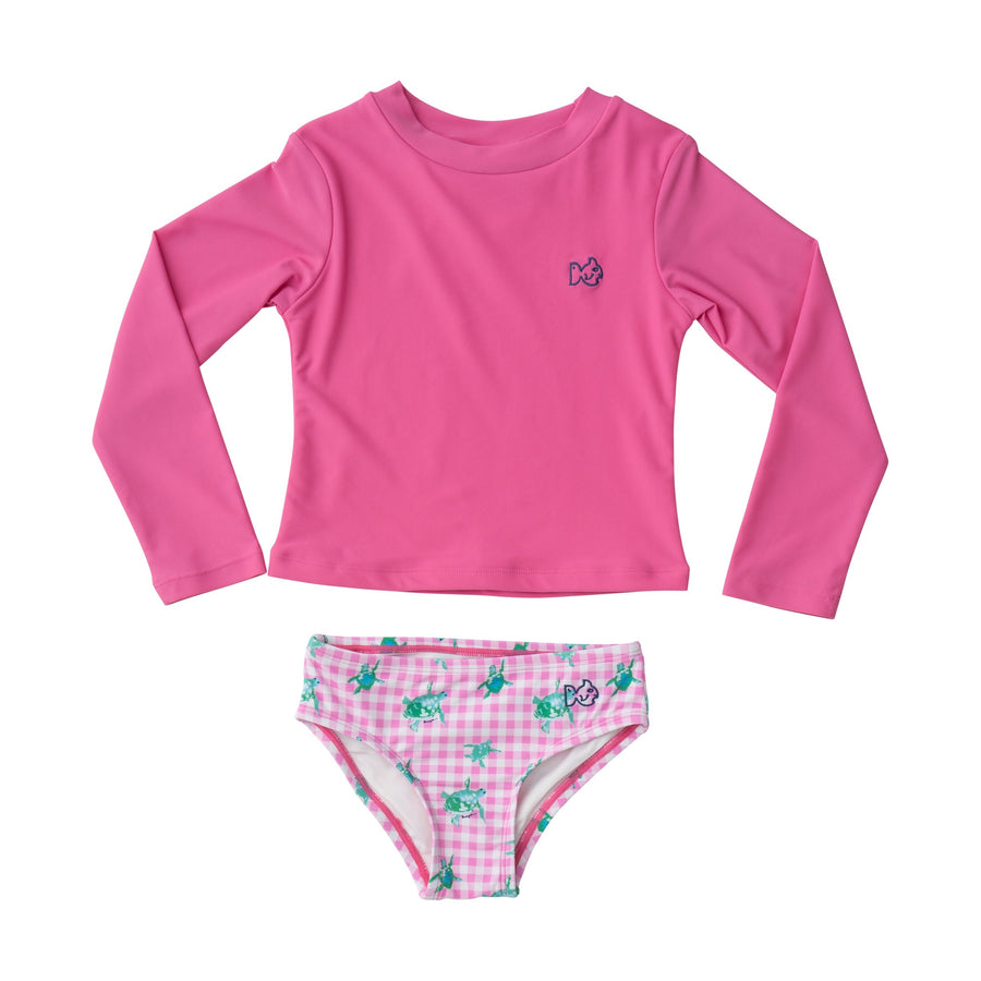 Fuchsia Pink & Gingham Turtle Print Reef Rashguard Swim Set