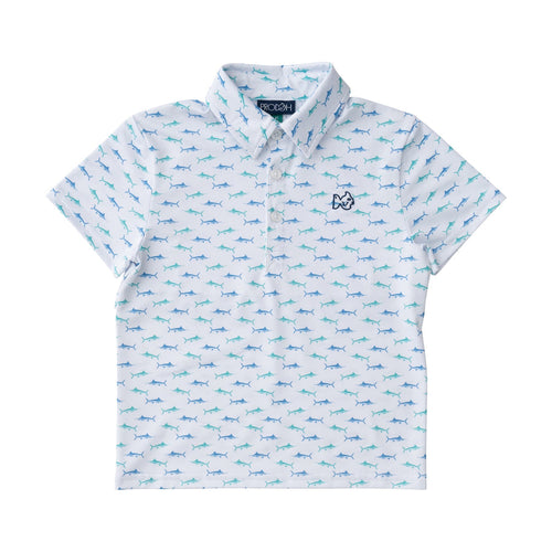 Fish Print on White Short Sleeve Pro Performance Polo