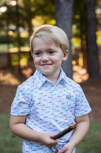 Fish Print on White Short Sleeve Pro Performance Polo