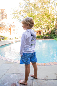 Fish Print on Marina Blue Boogie Board Swim Trunks