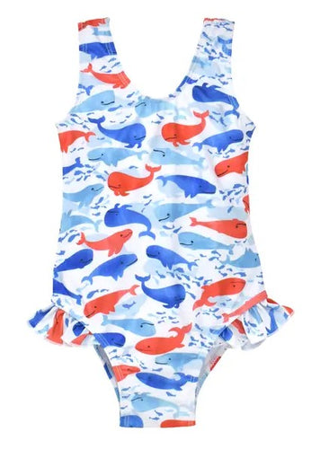 UPF 50 Delaney Hip Ruffle Swimsuit, Splish Splash Whale Blue