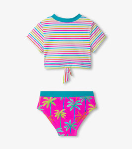 Printed Palms Short Sleeve Tankini Set