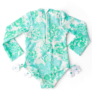 Green Charming Rose Longsleeve Rashguard Swimsuit