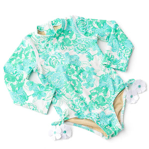 Green Charming Rose Longsleeve Rashguard Swimsuit