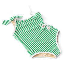 Load image into Gallery viewer, Green Stripe Girls Ribbed Daisy Cut Out One Piece Swimsuit