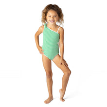 Load image into Gallery viewer, Green Stripe Girls Ribbed Daisy Cut Out One Piece Swimsuit