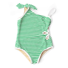 Load image into Gallery viewer, Green Stripe Girls Ribbed Daisy Cut Out One Piece Swimsuit