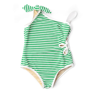 Green Stripe Girls Ribbed Daisy Cut Out One Piece Swimsuit