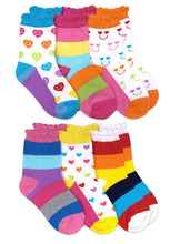 Load image into Gallery viewer, Jefferies Rainbow Stripes Hearts Smiley Face Crew Socks 6 Pack
