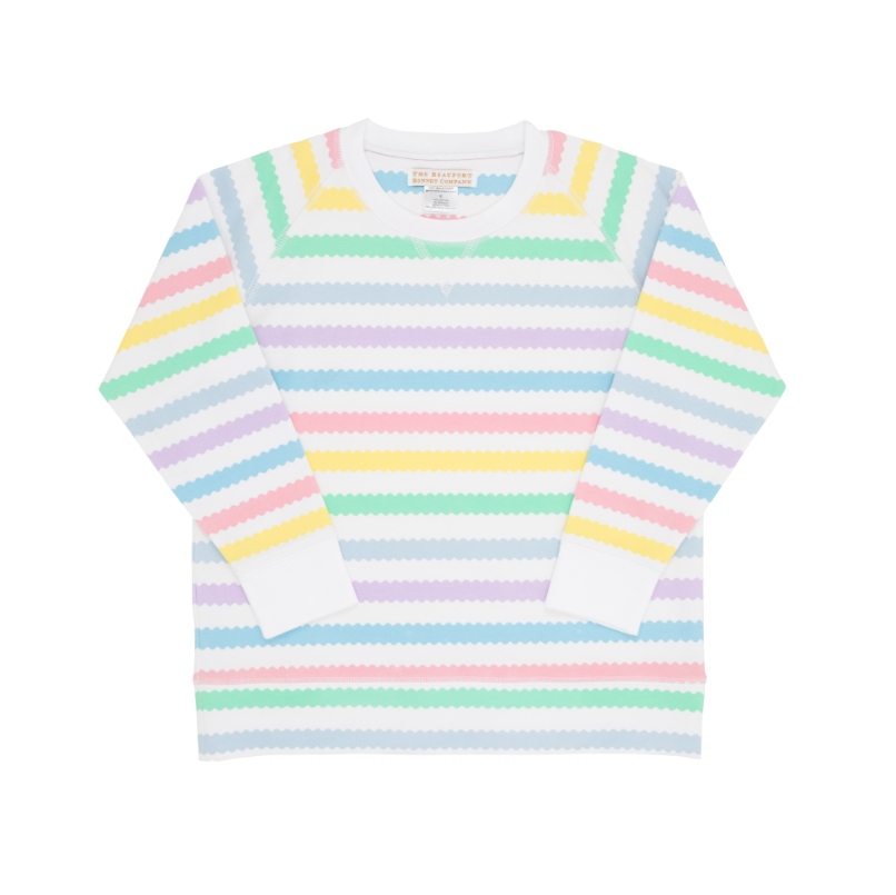 Cassidy Comfy Crewneck Girls French Terry Wellington Wiggle Stripe/Worth Ave White